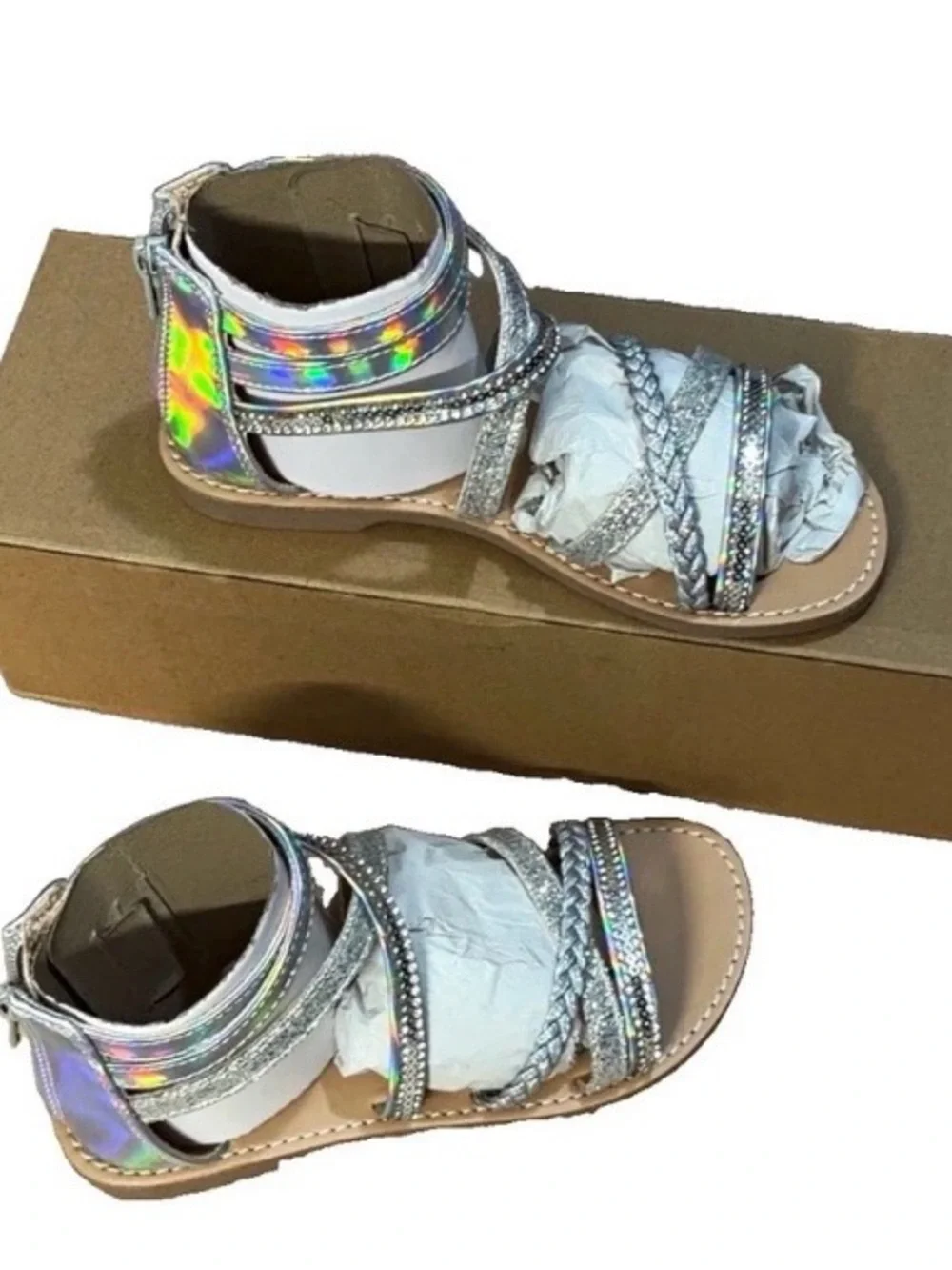 Girls' Holographic Silver Braided & Rhinestone Sandals